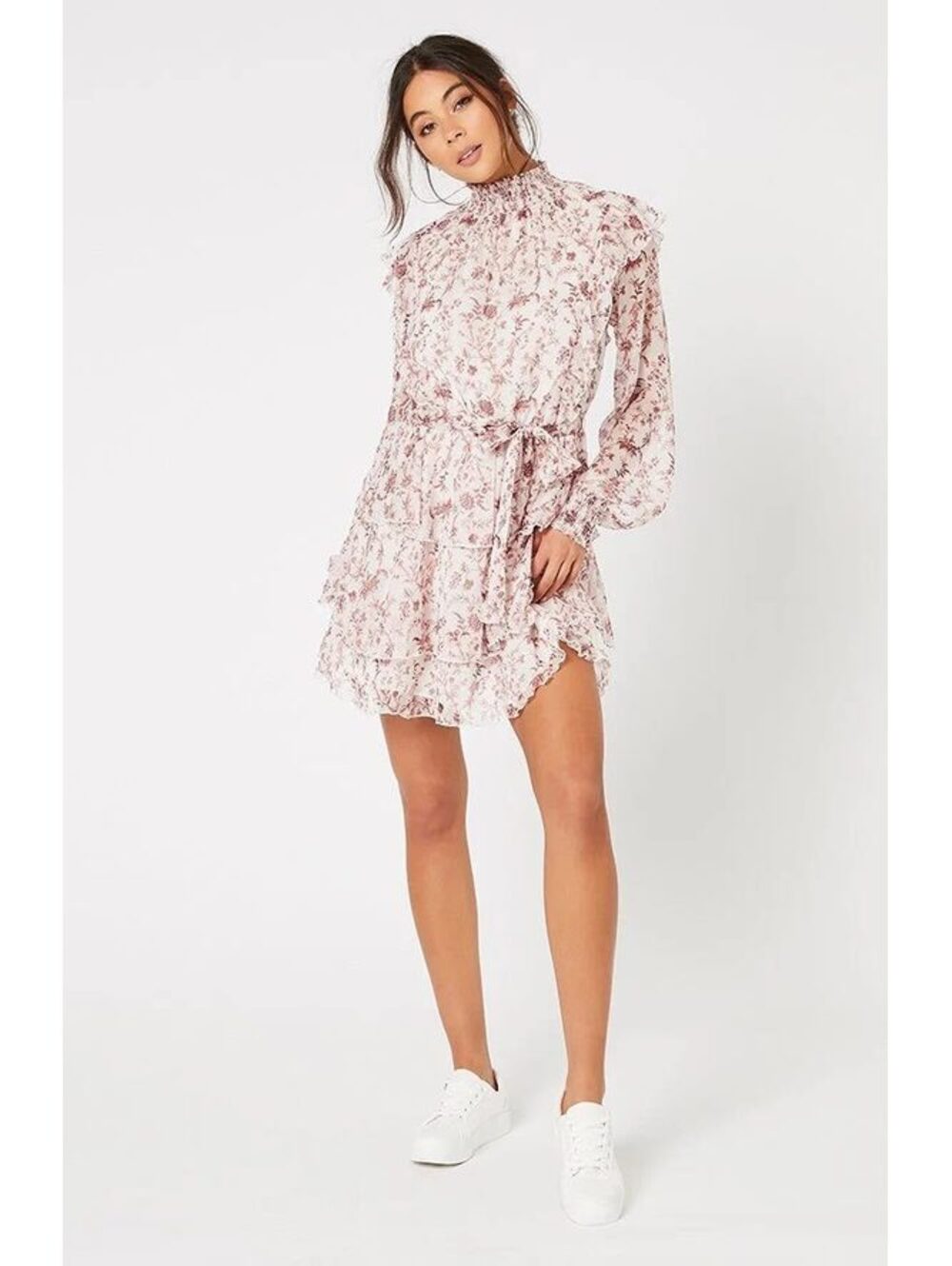 MINKPINK Melanie Floral Chiffon Mini Dress Ruffle Tiered Belted Long Sleeve S